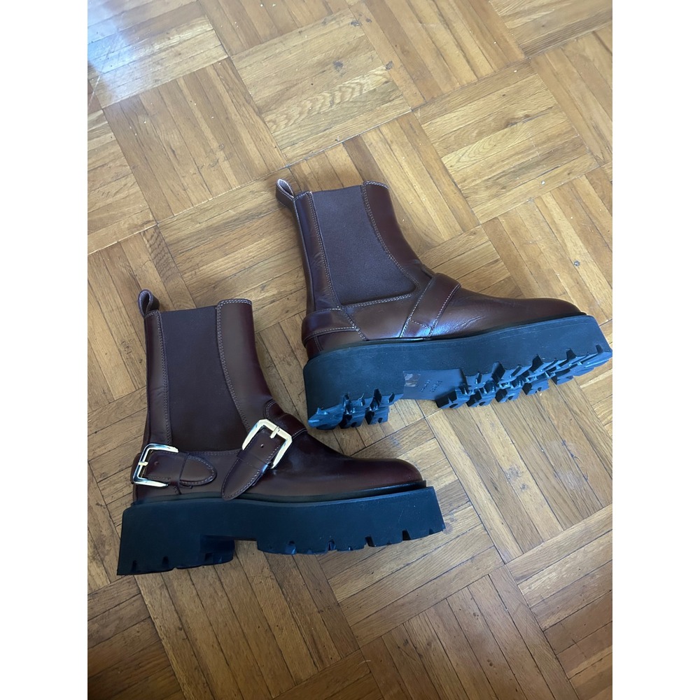 Sandro Platform Boots Women's Size 7 Burgundy‎ Excellent Buckle Detail - Picture 3 of 6